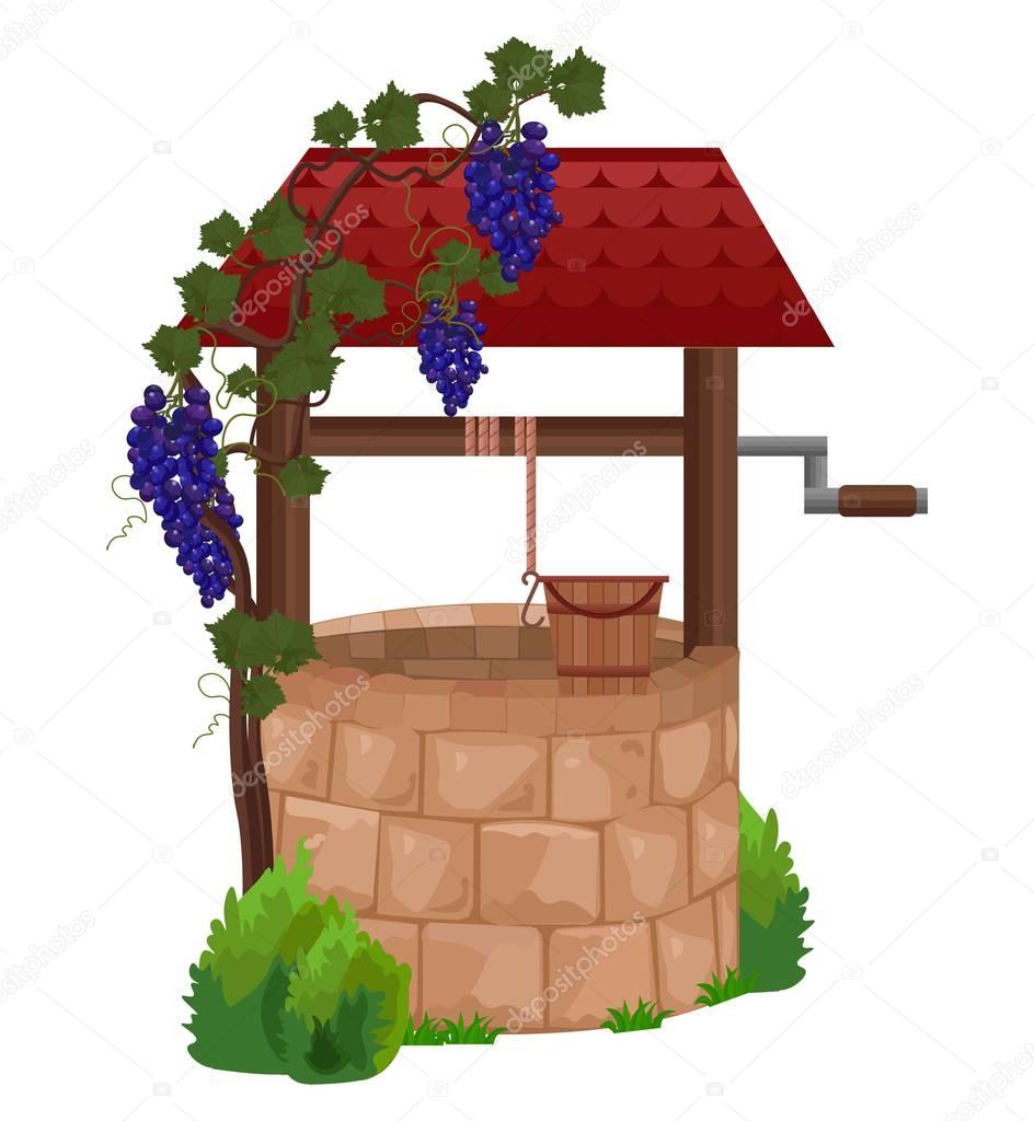 Stone water well Vector illustrations. Grapes decor on the wooden roof