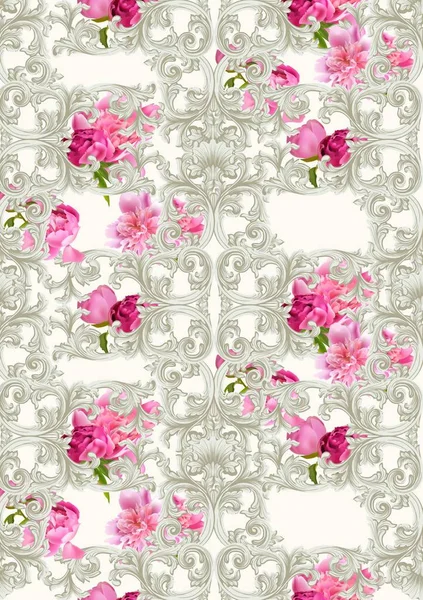 Ornement baroque de luxe avec motif de roses vectoriel. Royal victorienne riches décors milieux — Image vectorielle