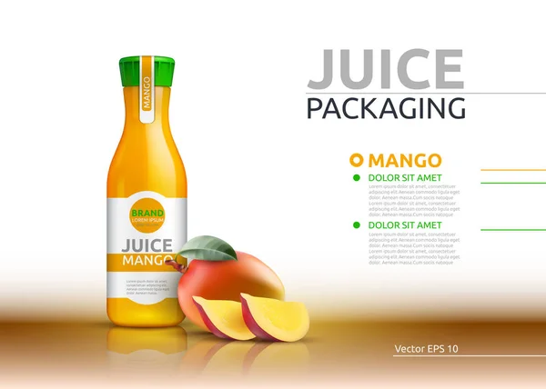 Embalaje de jugo de mango Realista Vector maqueta. Frutas jugosas botella de vidrio anuncian plantillas. 3d elemento detallado — Vector de stock