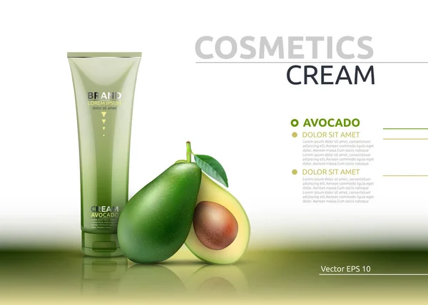 Paket avokado özü kadar krem kozmetik gerçekçi sahte. 3D illüstrasyon vektör. Kozmetik paket reklamlar şablon. Doğal meyve ayrıntılı 3d elemanları — Stok Vektör