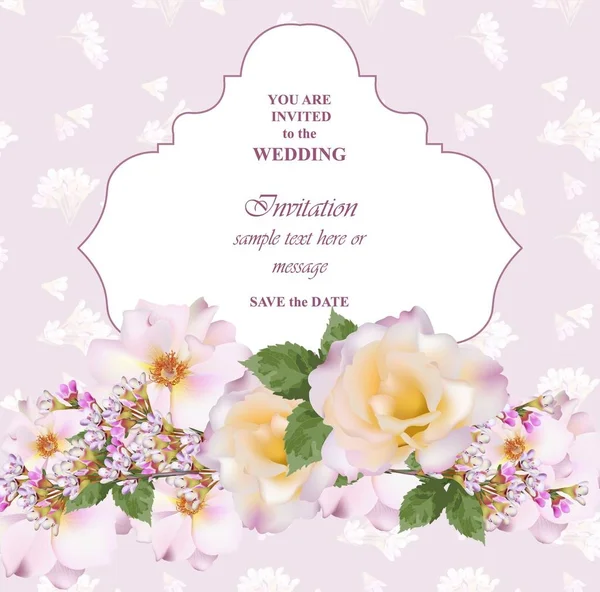 Vetor de cartão de convite de casamento. Rosas delicadas e flores de lavanda. Cores rosa prímula —  Vetores de Stock