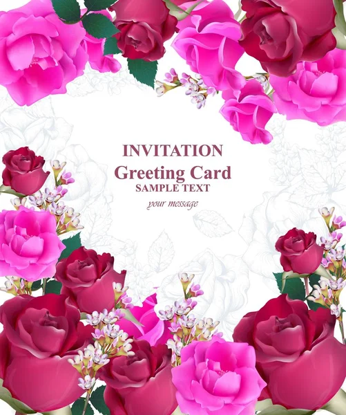 Invitation Card vector. Roses beauty flowers. Fuchsia pink colors — Stock Vector