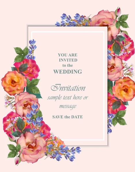 Svatební Pozvánka vektor. Barevné květy růží. Letní nebo podzimní sezóny styly — Stockový vektor