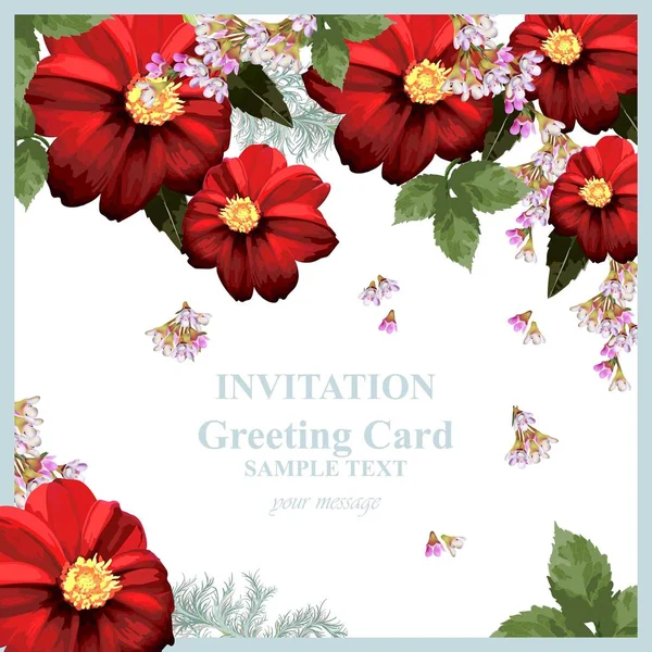 Υδατογραφία, κόκκινο χαμομήλι λουλούδια ανθίζουν κάρτα. Εκλεκτής ποιότητας πολύχρωμο ευχετήρια κάρτα. Καλοκαιρινό floral παιώνιες. διακόσμηση μπουκέτα λουλουδιών — Διανυσματικό Αρχείο