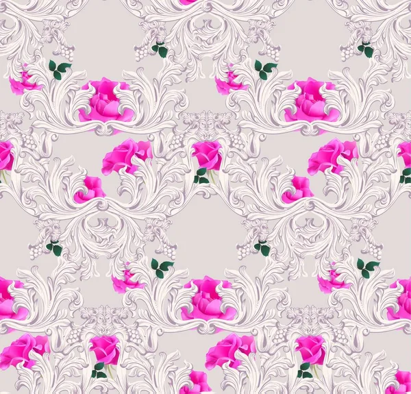 Barokke luxe sieraad met rozen bloemen patroon Vector. Koninklijke Victoriaanse rijke decor achtergronden — Stockvector