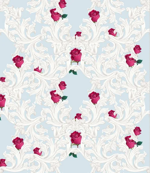 Barockens lyx prydnad med rosor blommor mönster vektor. Royal victorian rik dekor bakgrunder — Stock vektor