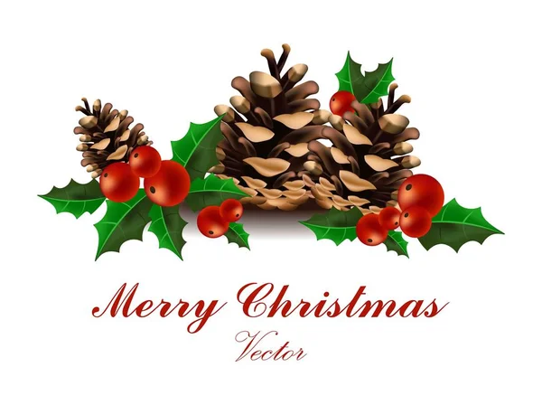 Χαρούμενα Χριστούγεννα κάρτα διάνυσμα. Κλαδιά δέντρων ελάτης και το viburnum στα λευκά — Διανυσματικό Αρχείο
