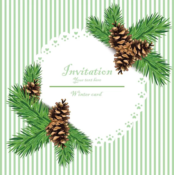 빈티지 메리 크리스마스 카드 벡터입니다. 줄무늬 배경에 전나무 나무 가지 — 스톡 벡터