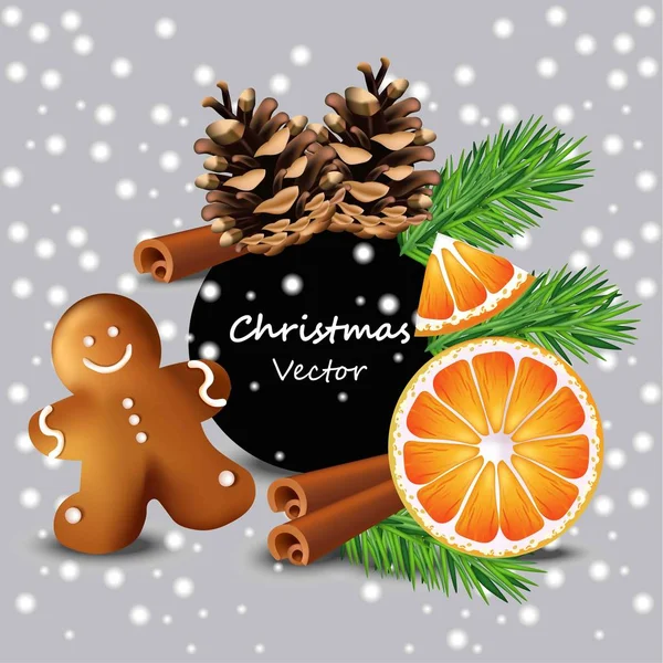 Cartão de Natal com laranja e biscoitos Vector. Feliz evento de celebração com biscoitos de pão de gengibre e ramos de abeto — Vetor de Stock