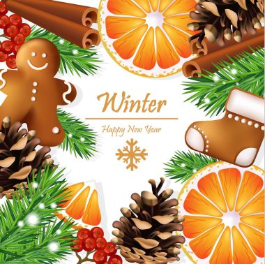 Noel çelenk gingerbread çerezleri ve portakal dilimleri. Vektör kartları