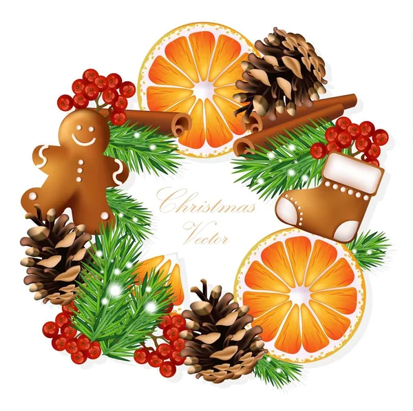 Grinalda de Natal com biscoitos de gengibre e fatias de laranja. Cartão de vetor — Vetor de Stock