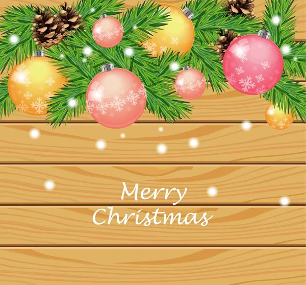 Karácsonyi baubles, lámpák és fa texture vektor kártya. Pasztellszínű hátterek — Stock Vector