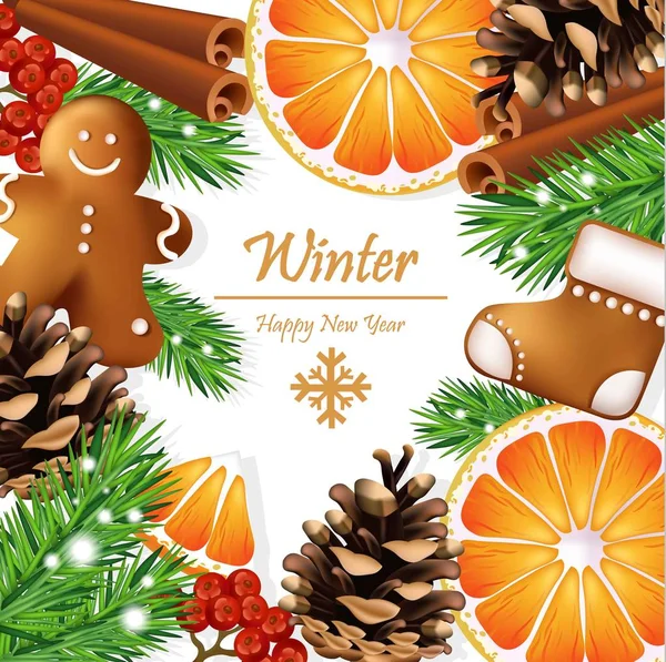 Corona de Navidad con galletas de jengibre y rodajas de naranja. Tarjetas vectoriales — Vector de stock