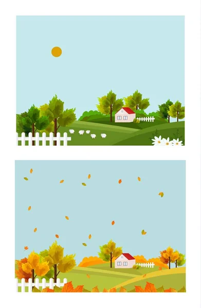 Granja de pueblo en temporada de verano y otoño Vector. Hermosos fondos — Vector de stock