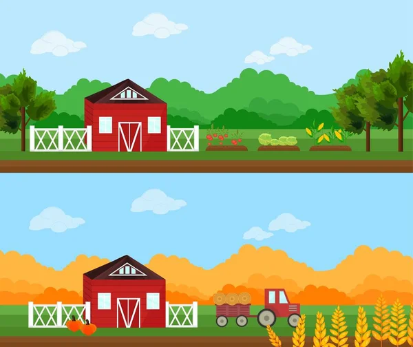 Granja de pueblo en temporada de verano y otoño Vector. Hermosos fondos — Vector de stock