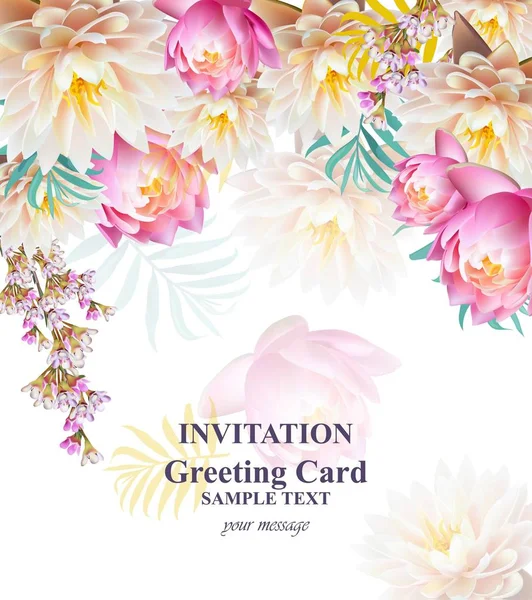 Invitation or Greeting card with water lily flowers Vector background illustrations — Stock Vector