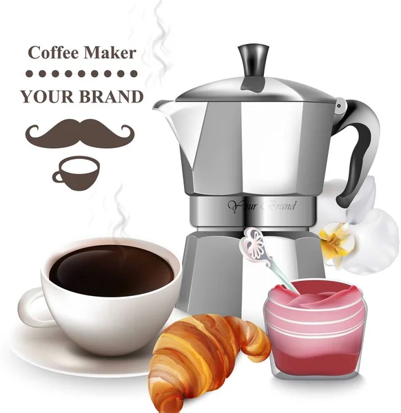 Kaffee und Croissant realistischen Vektor. Kaffeekocher und frische Backwaren. Breakfasts — Stockvektor