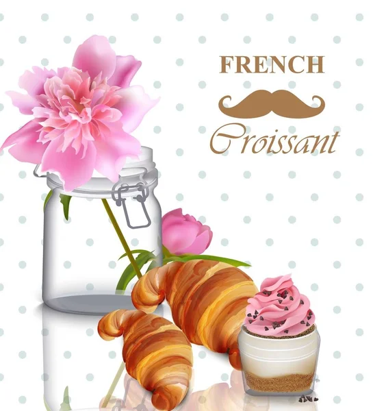 Tarjeta de desayuno francesa. Flor de peonía rosa, croissant y yogur parfait Vector — Vector de stock
