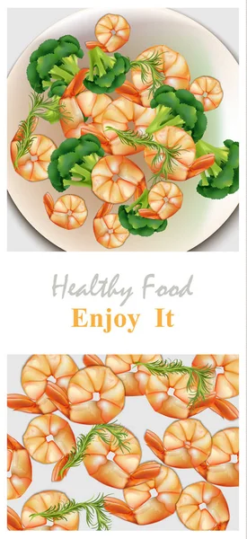 Shrimps healthy seafood plate Vector. Realistic background for menu, print, front page, cooking books — Stock Vector