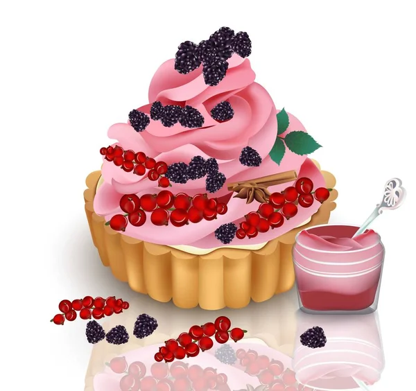 Vector Tarta realista con frutas del bosque y crema batida. Fondo para menú, impresión, portada, libros de cocina — Vector de stock