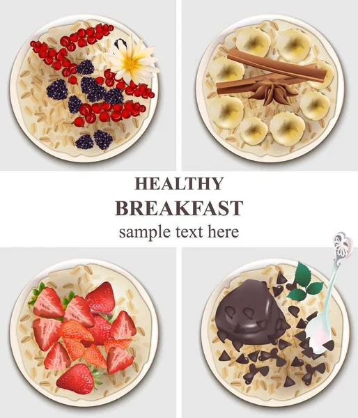 Коллекция банок для овсянки. Здоровый завтрак с фруктами ягоды, шоколад, банановые векторные иллюстрации — стоковый вектор