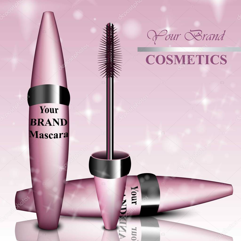 Mascara cosmetics package product. Vector realistic sparkling backgrounds
