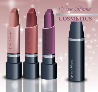 Gerçekçi Rujlar kozmetik parlak arka plan üzerinde. Çıplak Pastel renkleri koleksiyonu. Alay, reklam, ambalaj kozmetik