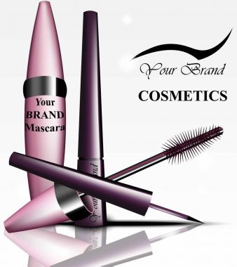 Rimel ve göz kalemi kozmetik ürün paketi. Vektör gerçekçi ürünleri. Reklam şablon arka planlar