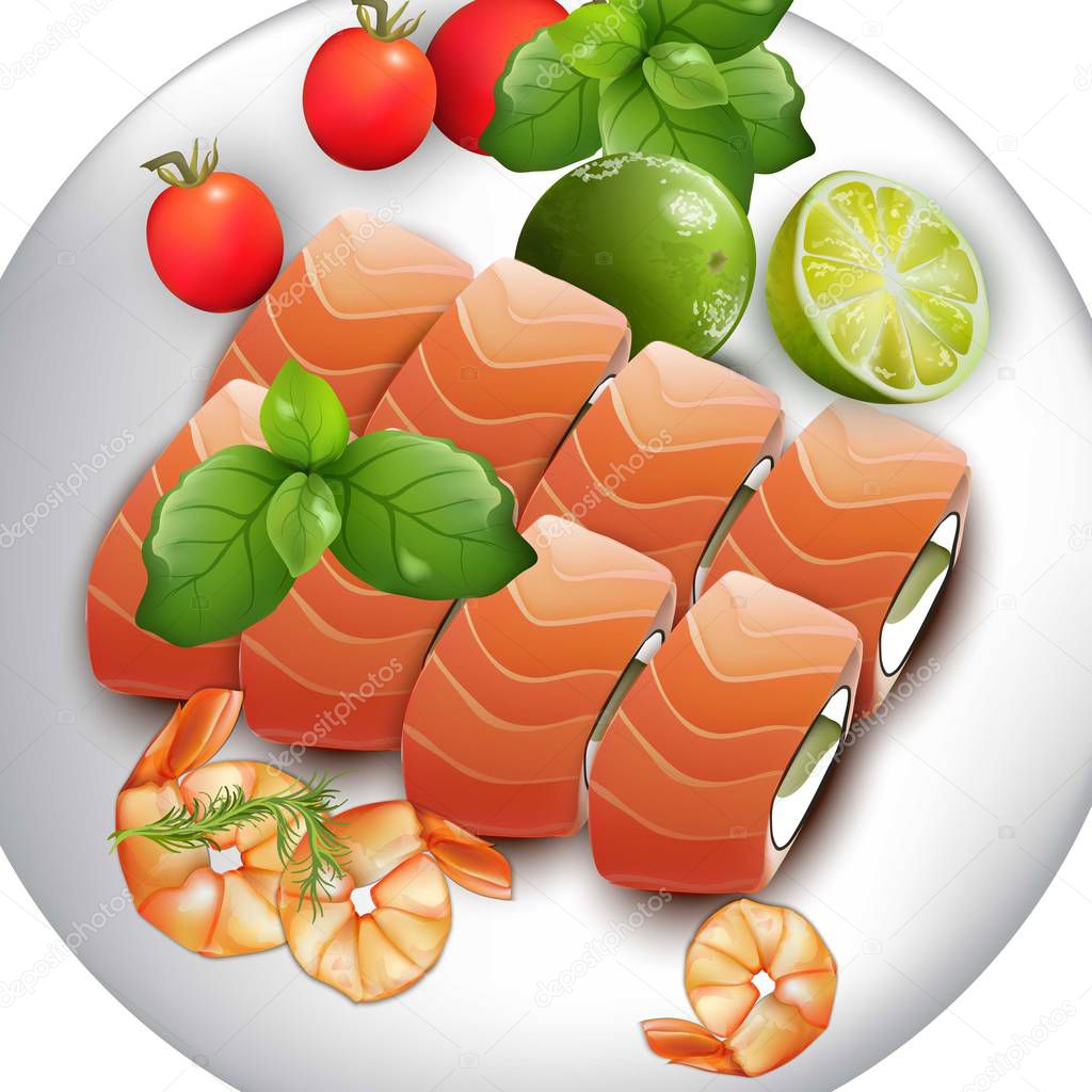 Sushi plate with salmon and shrimps. Japanese realistic vector food illustrations