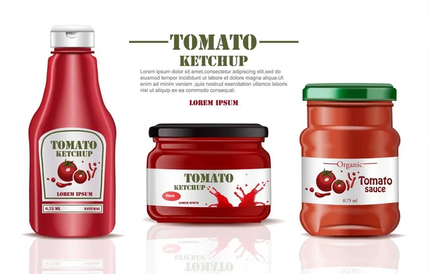 Tomato sauce and ketchup product mock up. Realistic Vector label packaging. Splash backgrounds — Stock Vector