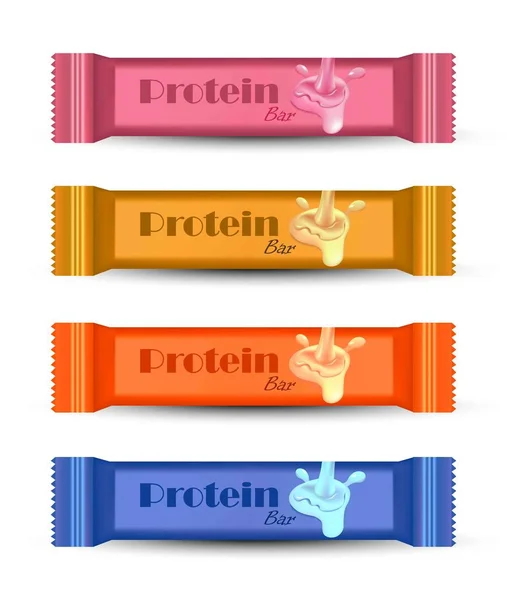 Barra de proteínas, chocolates, produtos de doces. Desenhos de etiquetas realistas vetoriais — Vetor de Stock
