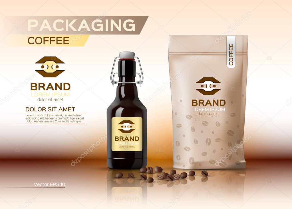 Coffee packaging mock up Vector realistic. Coffee syrup bottle. Coffee beans bag product. Label logo designs