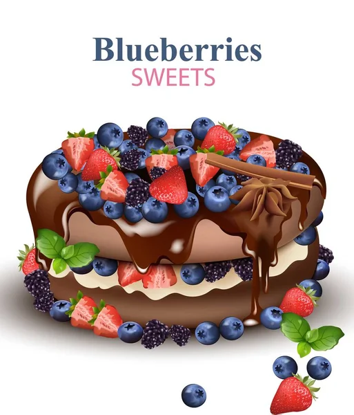 Erdbeere und Blaubeeren Schokoladenkuchen realistische Vektor-Illustration auf weißem Hintergrund — Stockvektor