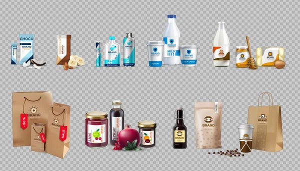 Garrafas de leite e mel de produtos alimentares realistas vetoriais conjunto Collet — Vetor de Stock