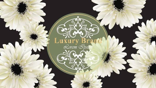 Elegante tarjeta de visita de lujo con flores Gerber Daisy ilustración vectorial. Fondo negro abstracto — Vector de stock