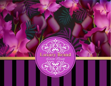 Orkide ve calla çiçekler vektör ile lüks kartı. Güzel illüstrasyon marka kitap, kartvizit veya poster. Pembe bir arka plan. Metinler için yer