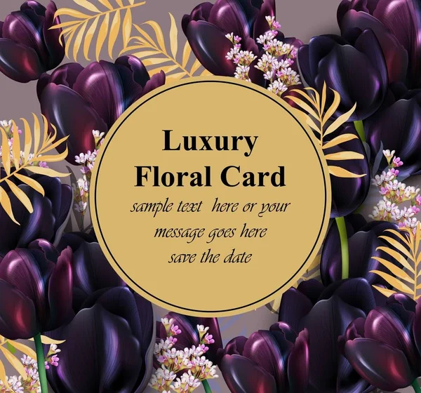 Fekete tulipán luxus kártya vektor. Gyönyörű illusztráció, meghívó, esküvői, arculati kézikönyv, névjegykártya vagy poszter. Hely a szövegek — Stock Vector
