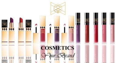 Altın renkli Realistick lipgloss paket. Detaylı kozmetik ürünleri set büyük koleksiyonu vektör