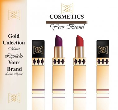 Altın renkli Realistick ruj paket. Vektör detaylı kozmetik ürün koleksiyonu ayarla