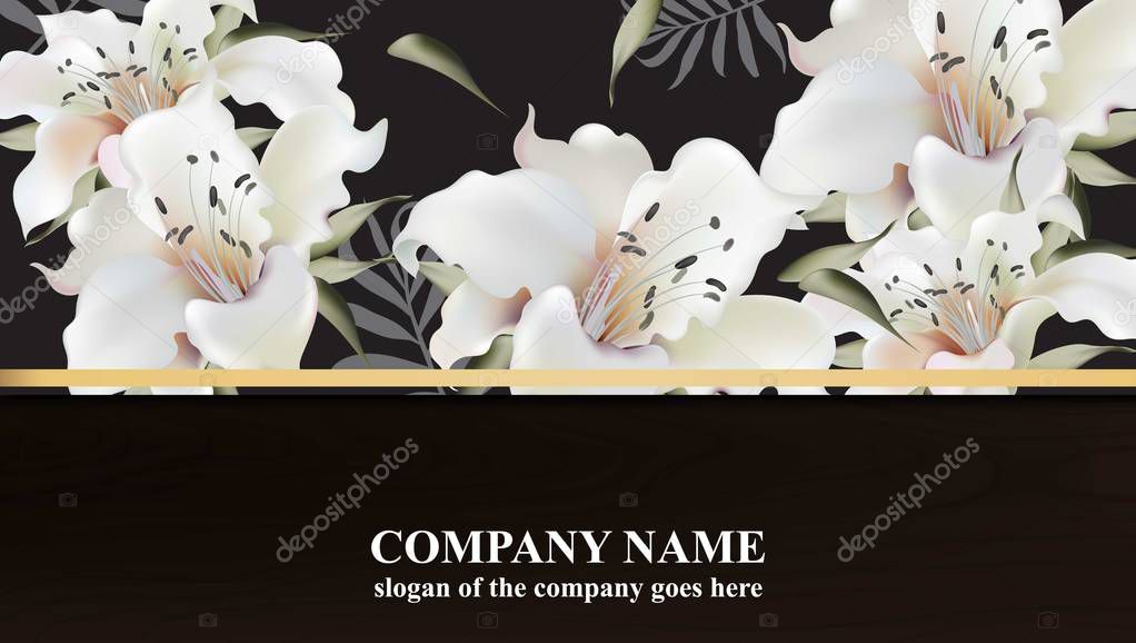 Luxury card with lily flowers Vector. Beautiful illustration for brand book, business card or poster. Black background. Place for texts