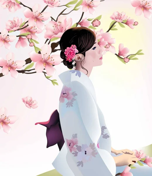 Chica japonesa sobre fondo de flor de cerezo. Vector — Vector de stock