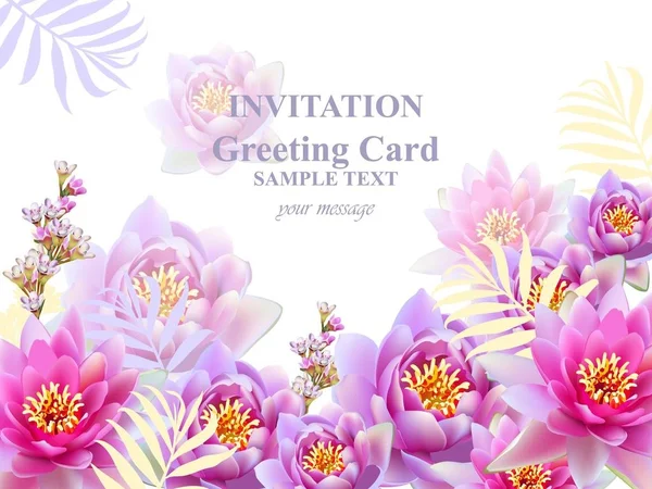 Invitation or Greeting card with water lily flowers Vector background illustrations — Stock Vector