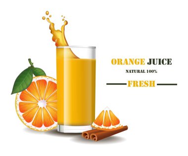 Bir bardak taze portakal suyu sıçrama vektör gerçekçi resimler alay