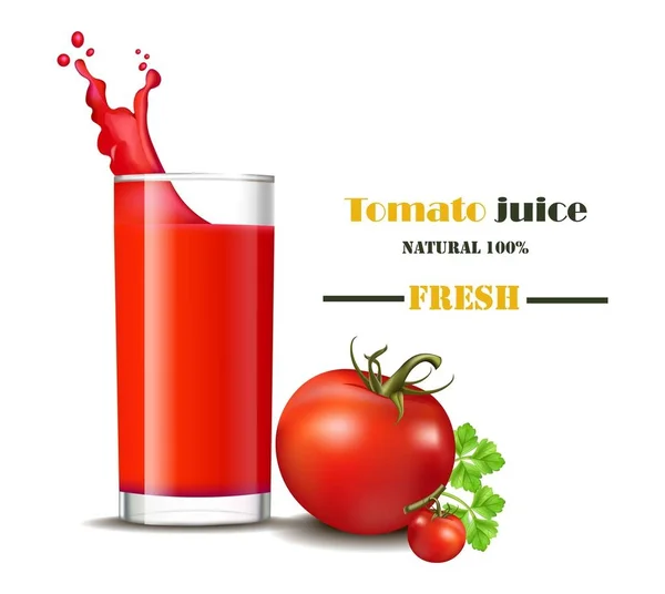 Ett glas färsk tomatjuice med splash vektor realistiska illustrationer — Stock vektor