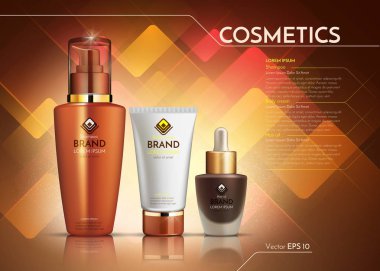 Kozmetik vektör gerçekçi paket reklamlar şablon. Yüz kremi ve saç ürünleri şişeleri. Mockup 3d çizim. Arka