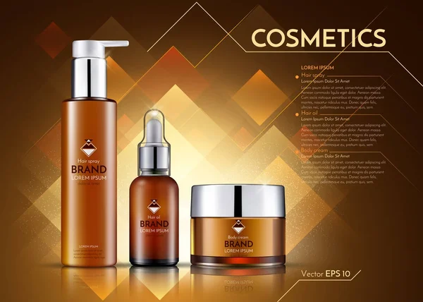 Kozmetik vektör gerçekçi paket reklamlar şablon. Saç ürünleri şişeleri. Mockup 3d çizim. Parlak arka planlar — Stok Vektör