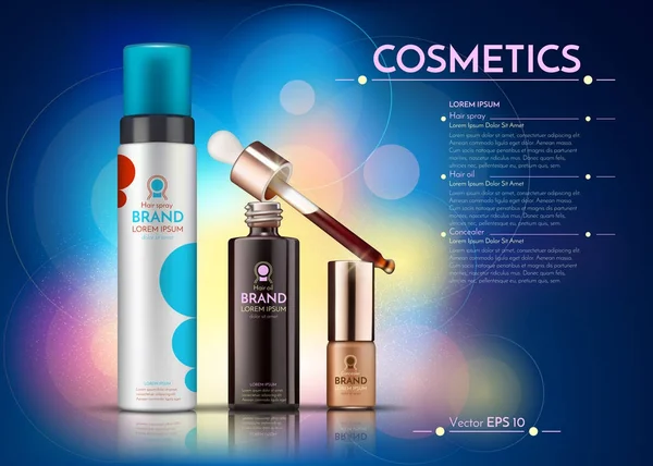 Kozmetik vektör gerçekçi paket reklamlar şablon. Saç ürünleri şişeleri. Mockup 3d çizim. Mavi arka — Stok Vektör