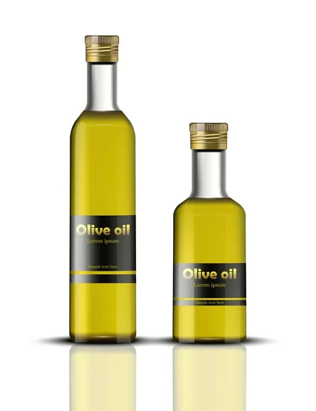 Botellas de aceite de oliva Vector realista. identidad alimentaria marca, diseño de envases. Producto orgánico prensado en frío saludable, producto vegano natural — Vector de stock