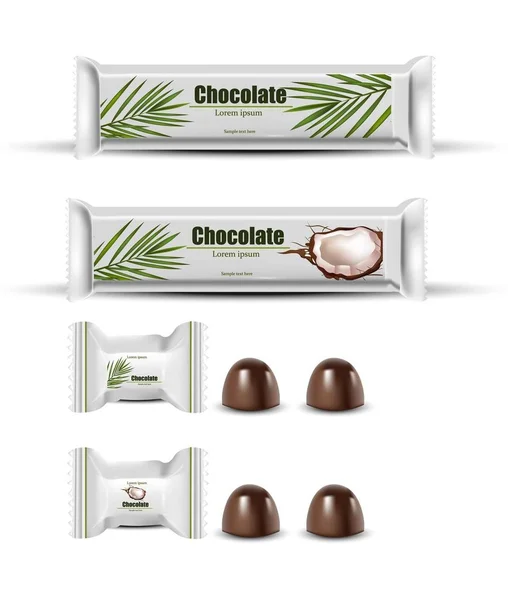 Pacote de chocolate de coco zombar. Vector Layout de identidade alimentar marca, design de embalagem. Produto orgânico saudável, ilustrações vetoriais de nutrição vegana natural — Vetor de Stock