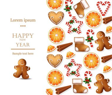 Mutlu yeni yıl kartı gingerbread çerezleri vektör ile. Portakal dilimleri, şeker, tatlılar ile tatil tatlar. Gerçekçi stilleri